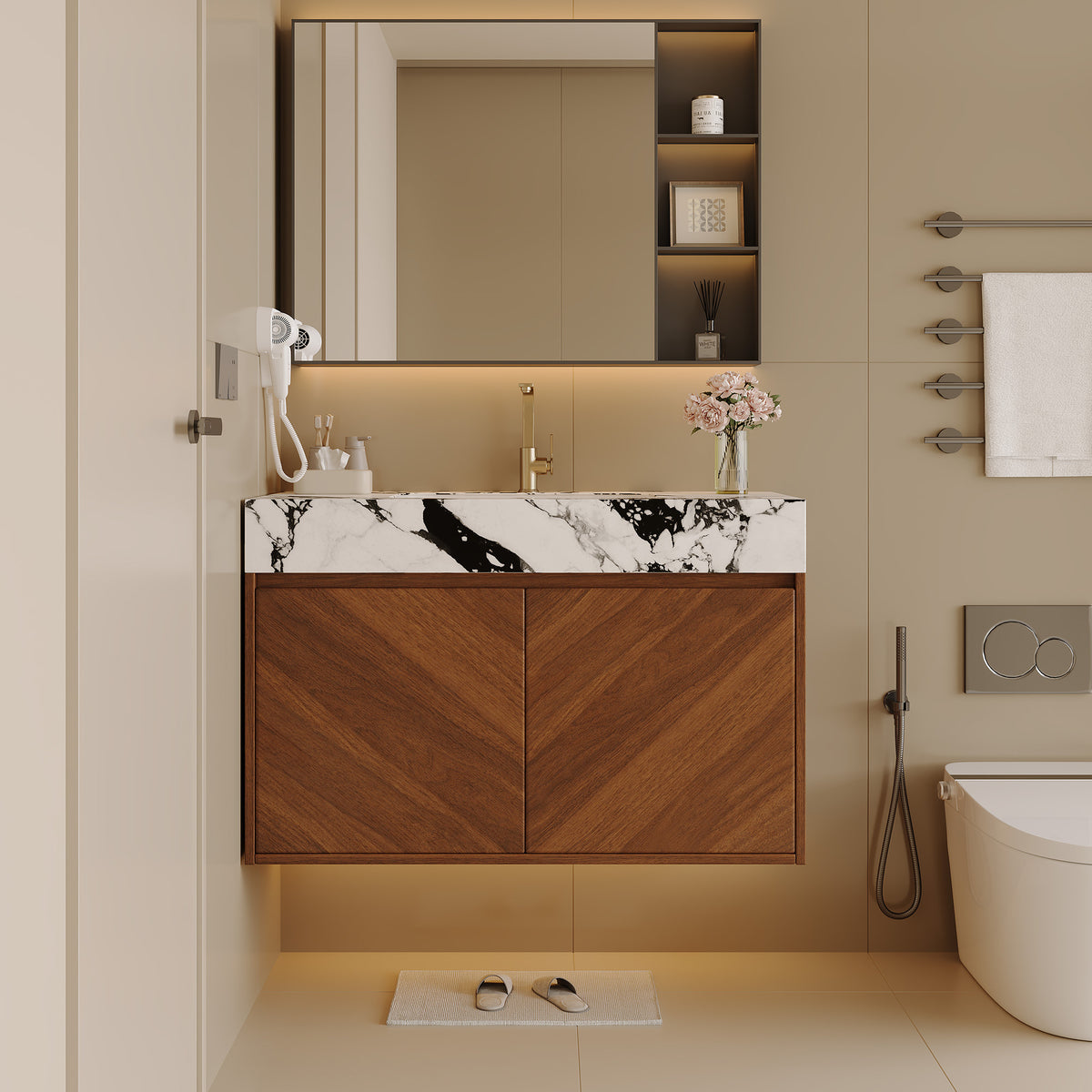 30" Modern Wall-Mounted Bathroom Vanity with Ceramic Sink – Brown Oak