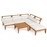 Outdoor Patio Set L-Shape Acacia Wood Teak Beige Cushions 6 Piece