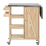 Foldable Outdoor Kitchen Island with Stainless Steel Top and Fir Wood Frame, Natural Finish, Portable Prep Station with Lockable Wheels and Storage Cabinet for Patio