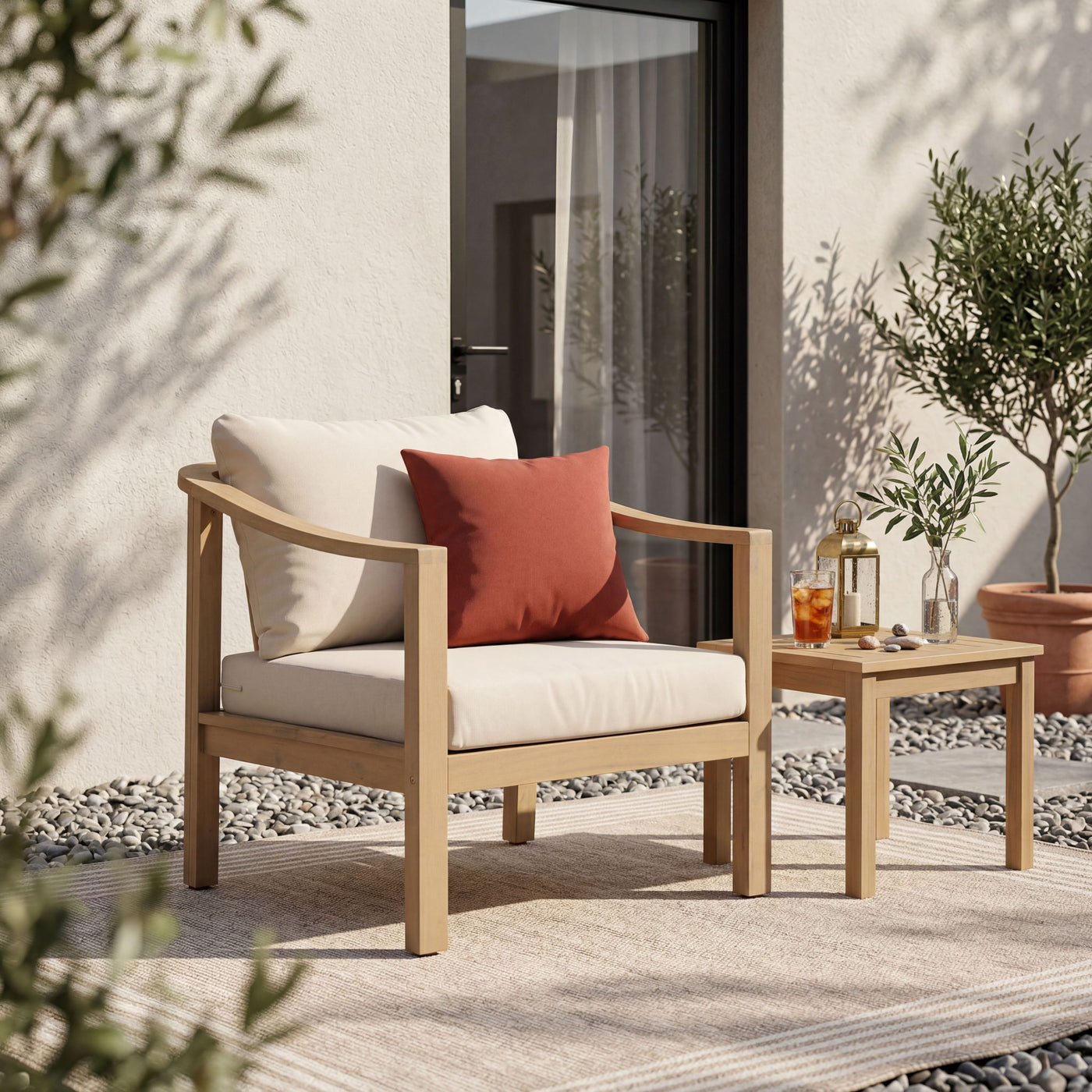 Acacia wood patio furniture club chair,26.38' deep seat design with soft cushion, slatted wood backrest,suitable for porches,gardens,backyards,and balconies (Light Teak+Cream Cushion)
