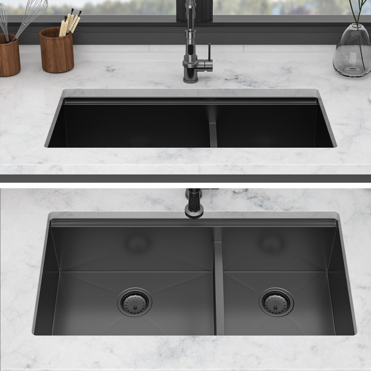 Double Bowl (60/40) Undermount Kitchen Sink- 33"x19"x10" Gunmetal Black 16 Gauge