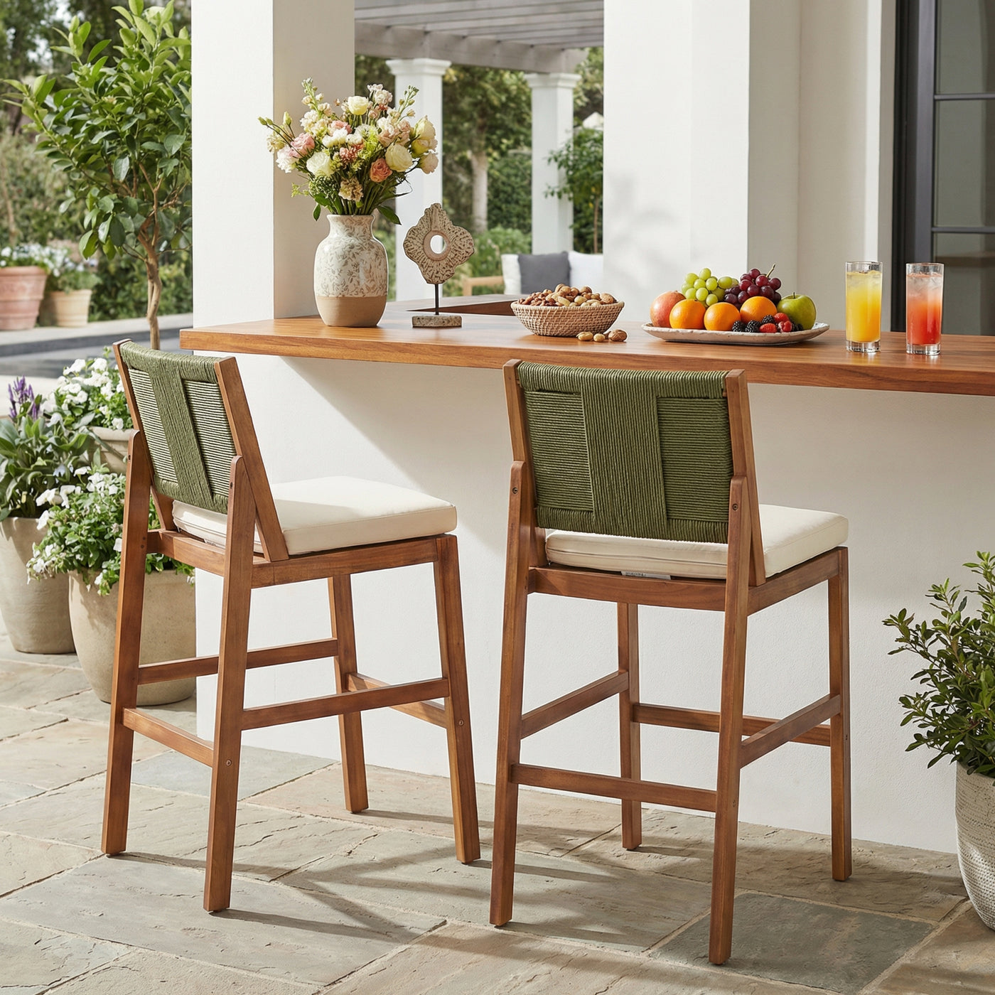 Outdoor Acacia Wood Bar Stools (Set of 2), Teak Finish Bar Height Chairs with Cream Cushion & Green Wicker Back, Counter Height Stools for Patio, Poolside, Kitchen Island
