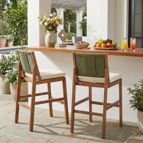 Outdoor Acacia Wood Bar Stools (Set of 2), Teak Finish Bar Height Chairs with Cream Cushion & Green Wicker Back, Counter Height Stools for Patio, Poolside, Kitchen Island