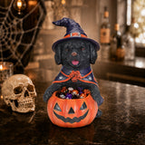 Halloween Black Labrador Retriever Witch Puppy Figurine, Cute Dog Holding Pumpki