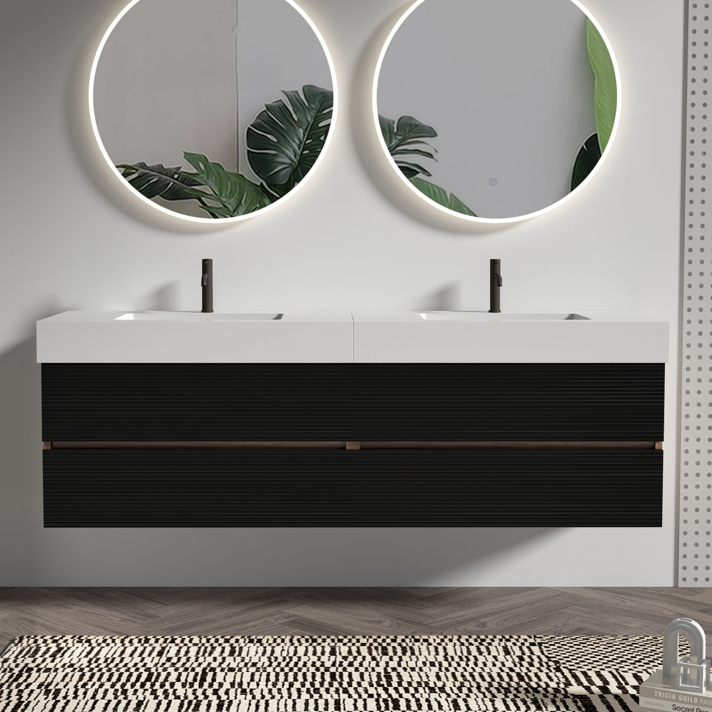 72'' Double Bathroom Vanity with Matt Black Quartz Sink Soft Black Drawers Wall Mount