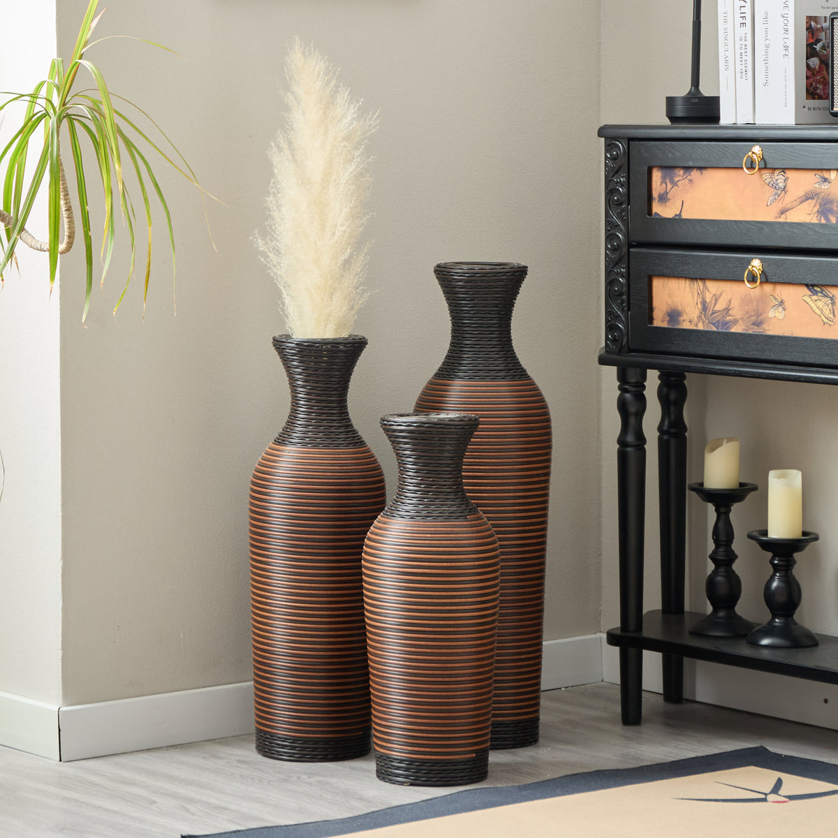 Hand-Woven PVC Rattan Vases, Set of 3 Brown Floor Vases for Home Decor