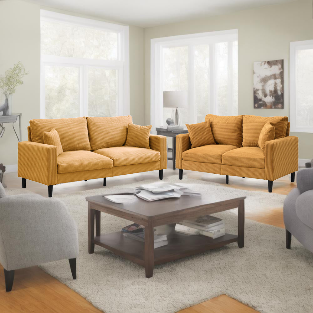 Modern Orange Corduroy Two Piece Sofa Set