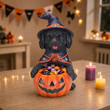 Halloween Black Labrador Retriever Witch Puppy Figurine, Cute Dog Holding Pumpki