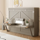 Queen Size Wall Murphy Bed with Storage, Foldable Cabinet Bed with Vanity Desk, Center Mirror & 2 Side Drawers, Distressed Gray(OLD SKU:LP000766AAE)