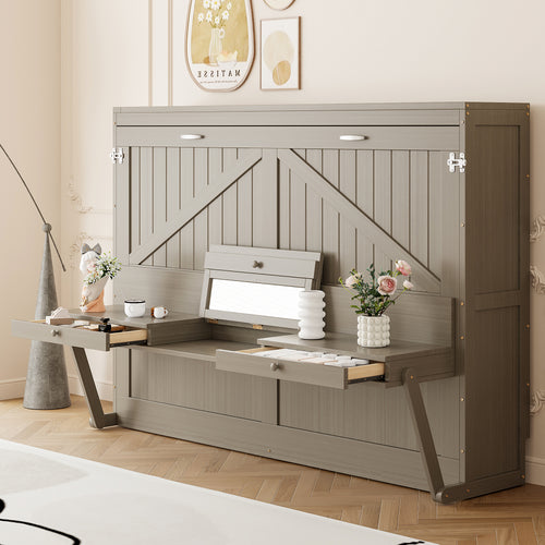 Queen Size Wall Murphy Bed with Storage, Foldable Cabinet Bed with Vanity Desk, Center Mirror & 2 Side Drawers, Distressed Gray(OLD SKU:LP000766AAE)