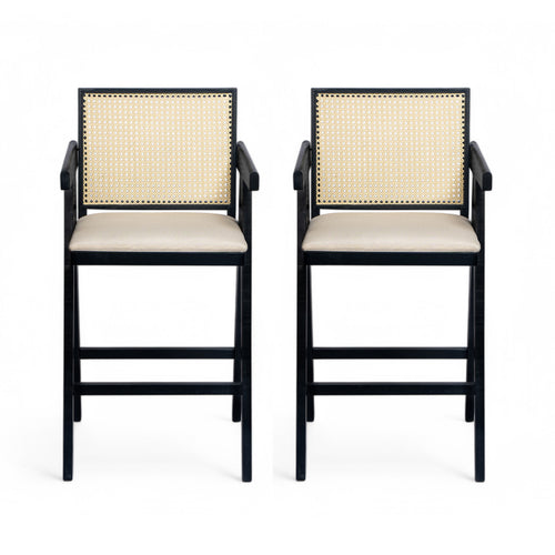 27" Cream Grey Woven Cane Plastic Backrest Bar Stool