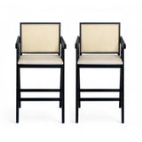 27' Height, Cream Grey Woven Cane Plastic Backrest Bar Stool - Foam-Padded Fabric Seat & Durable Rubberwood Frame