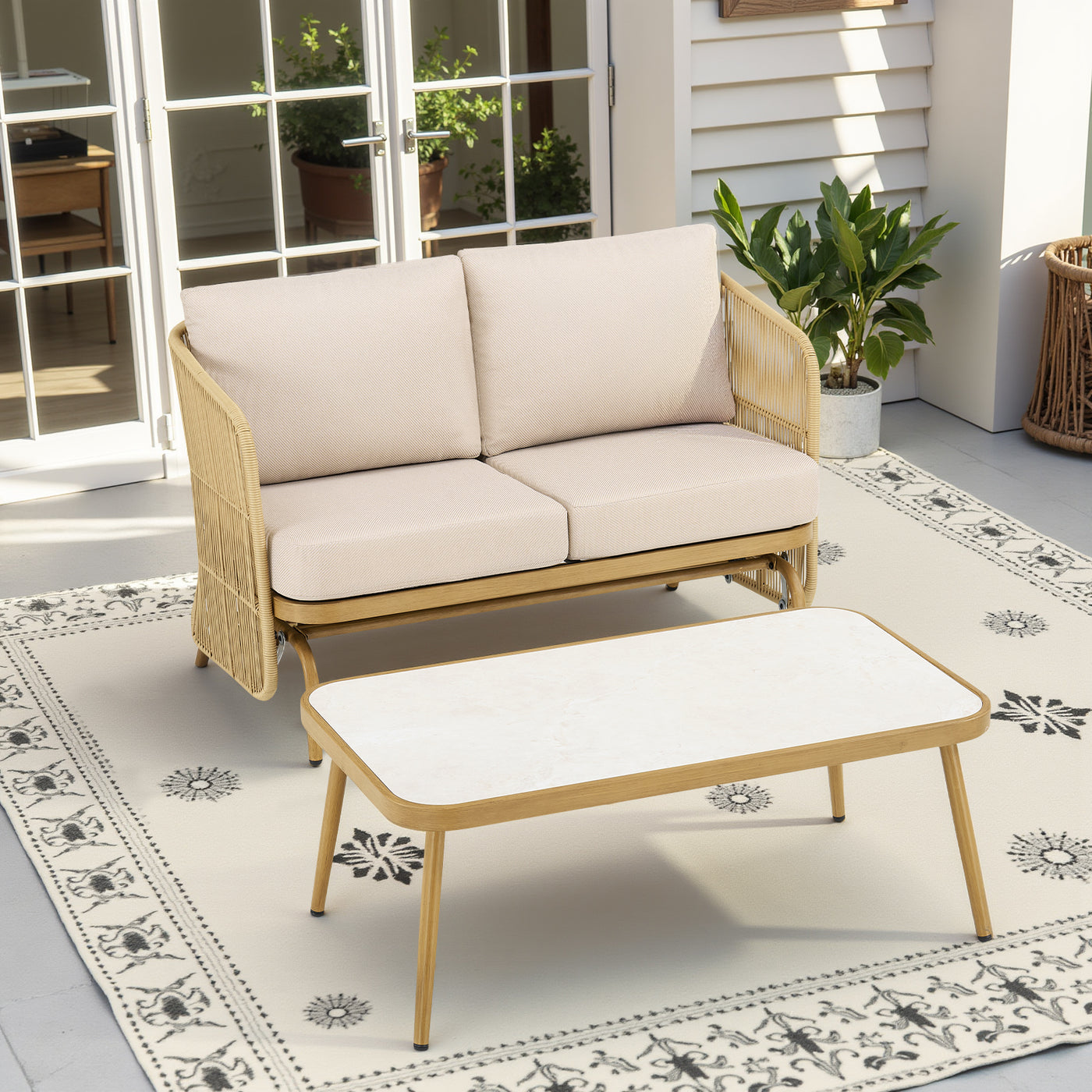 2-Person PE Rattan Glider Loveseat with Coffee Table & Cushions