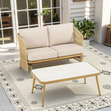 2-Person PE Rattan Glider Loveseat with Coffee Table & Cushions
