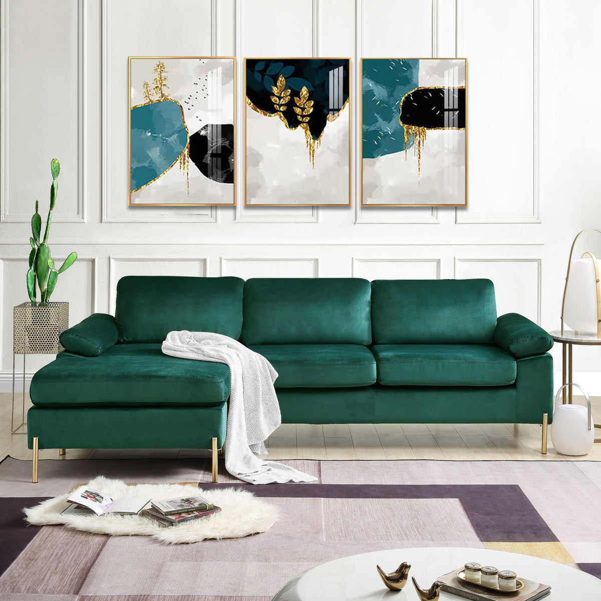 Velvet Chaise Sofa with Chaise Green 101"