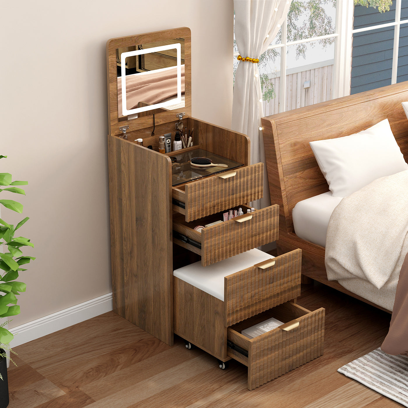 3-in-1 Vanity Desk with Mirror, Lights, Stool - Walnut