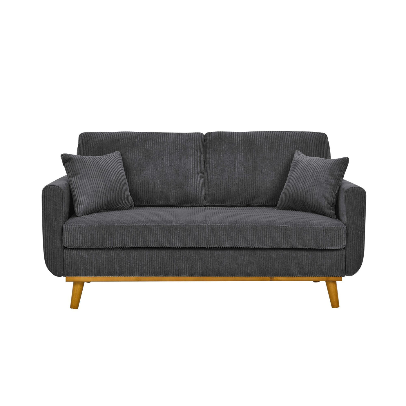 Dark Gray Corduroy Upholstered Wooden Frame Loveseat with Arms and Toss Pillows