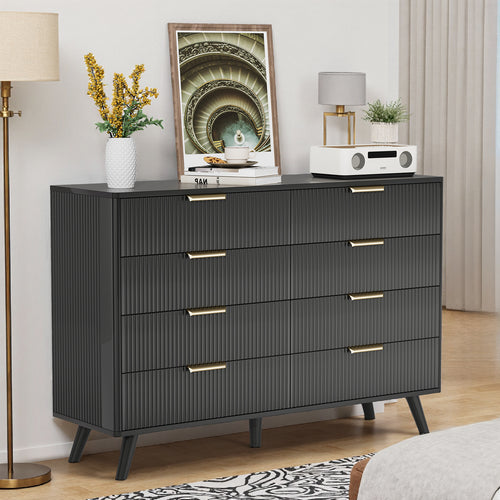 Dresser Boho 8-Drawer Black Particle Board Fluted Wave Relief 47.2x35.4 In