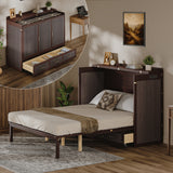 Multifunctional Murphy Bed Cabinet with USB Charging Station, Queen Size Vertical Foldaway Bed with Drawers, Space Saving Hidden Wall Bed with Safety Lock & Anti-Tip Device, Coffee.