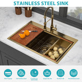 Gold Finish 36' Drop-in Kitchen Sink with Workstation Ledges - 16 Gauge T304 Sta