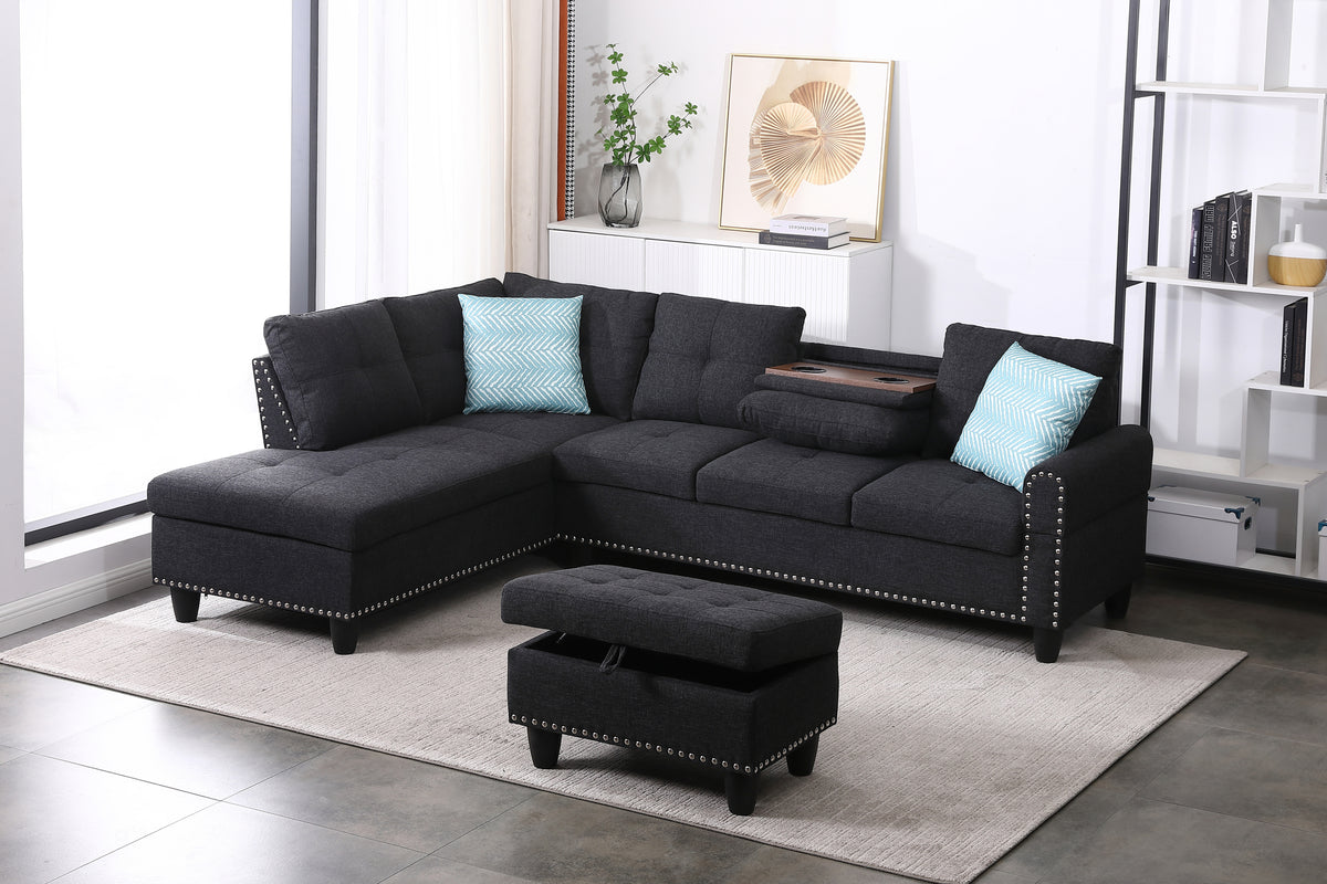 Linen Chaise Sofa with Chaise with Ottoman Charcoal Grey 98"