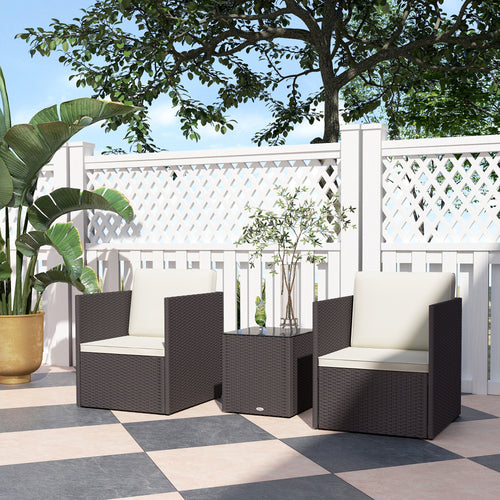 Outdoor Bistro Set PE Rattan Brown Folding 3 Piece Tempered Glass Table