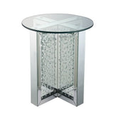 Round End Table - Mirrored - Faux Crystal Inlay - Tempered Glass Top