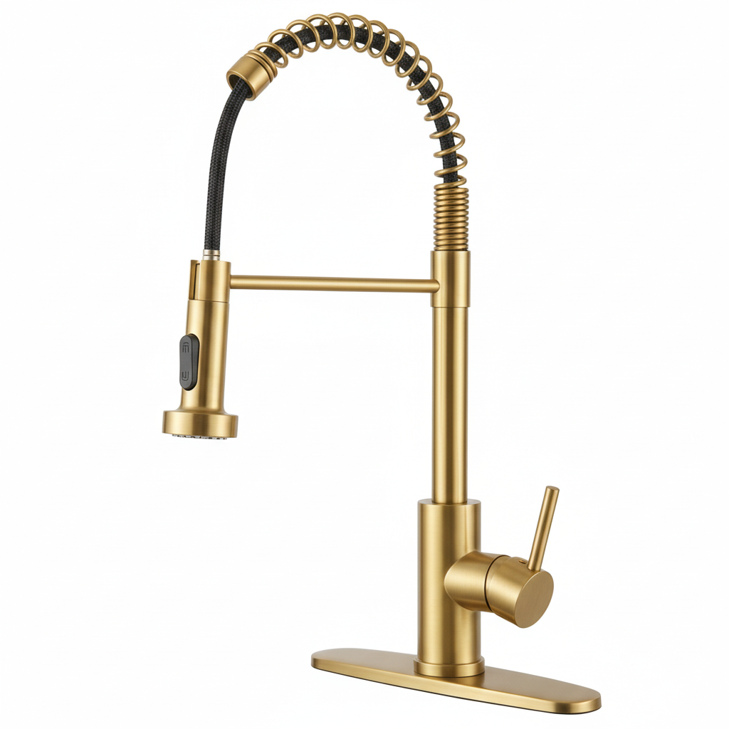Industrial Pull-Down Kitchen Faucet Brushed Gold Stainless Steel