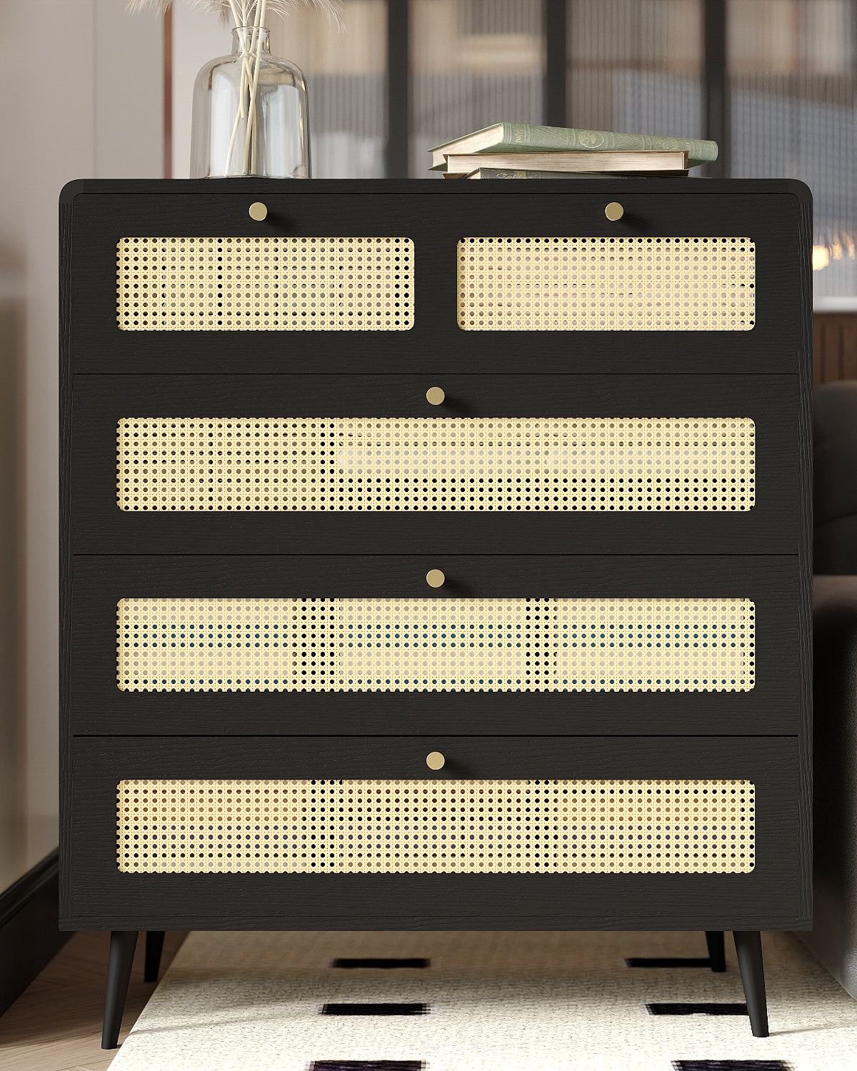 4 Drawer Modern Rattan Dresser Chest with Metal Handles