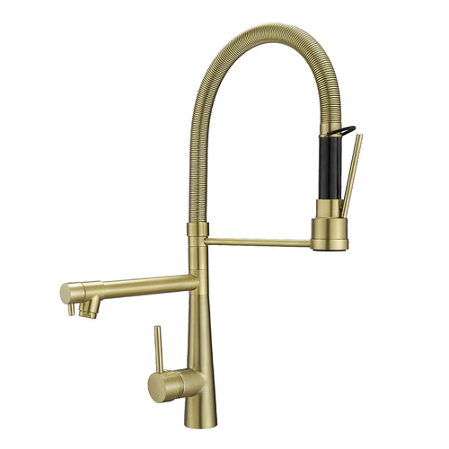 Brushed Gold Pull Down Kitchen Faucet 360 Swivel Dual Outlet