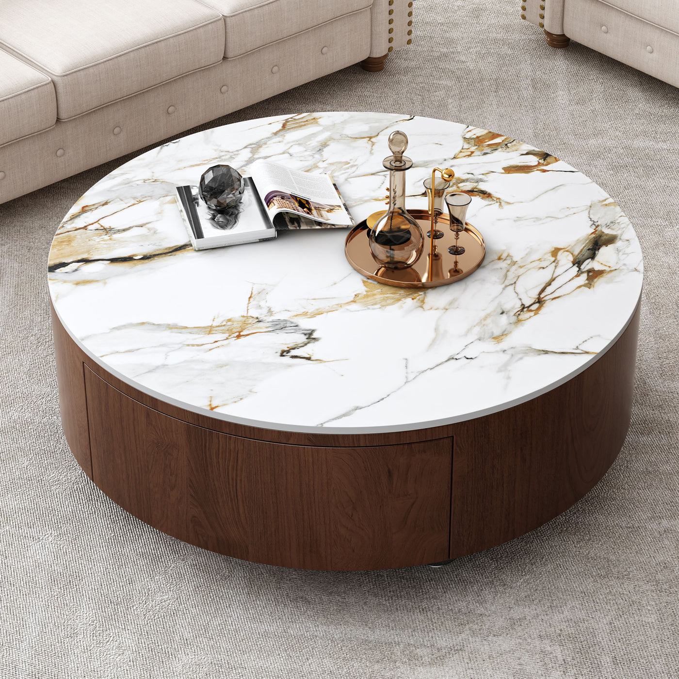 Rustic Round Coffee Table 2 Drawer Sintered Stone Top
