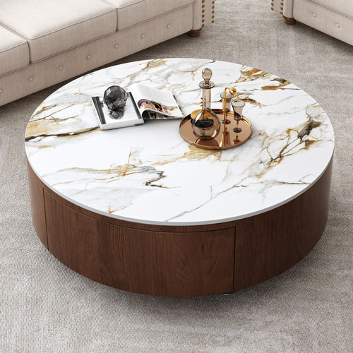 Rustic Round Coffee Table 2 Drawer Sintered Stone Top