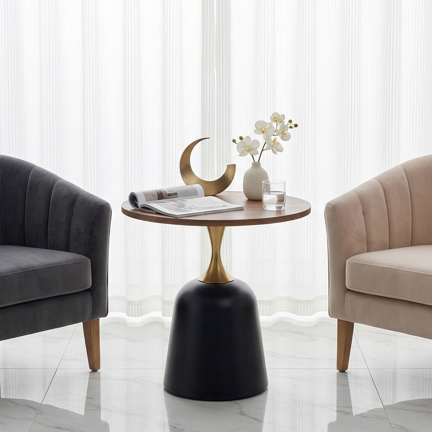 23.6 in Round Side Table, Metal Base, Walnut Wood Grain, Living Room Office