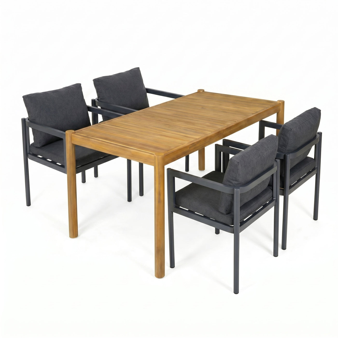 5-Piece Outdoor Patio Dining Set with Acacia Wood Table and Grey Aluminum Chairs with Cushions