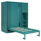 Twin Size Rotating Wall Murphy Beds with Bookshelf, Top Cabinet, Extendable Desk & Side Storage, Teal