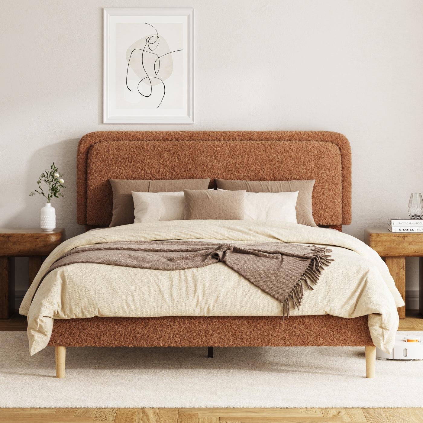 Queen Plush Upholstered Platform Bed Frame, Brown