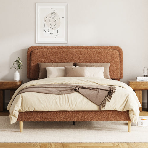 Queen Plush Upholstered Platform Bed Frame, Brown