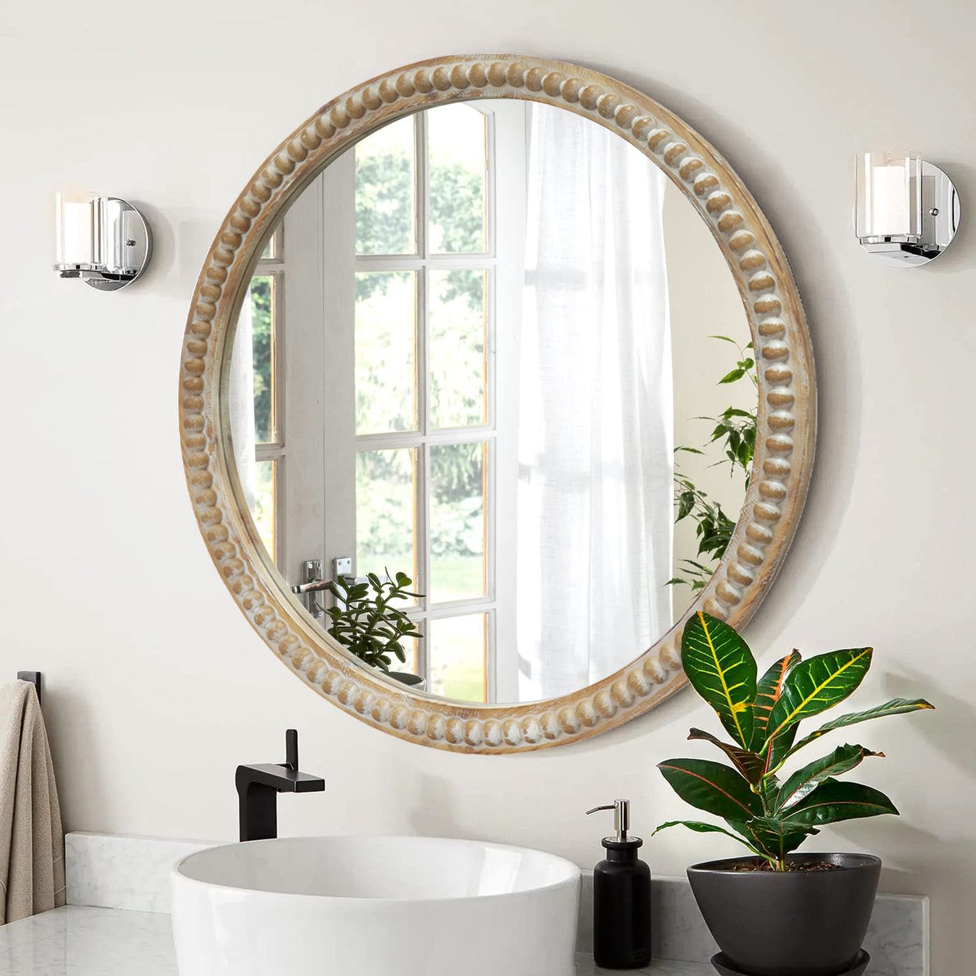 31.5" Round Distressed Wood Beaded Wall Mirror Farmhouse
