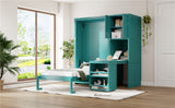 Twin Size Rotating Wall Murphy Beds with Bookshelf, Top Cabinet, Extendable Desk & Side Storage, Teal