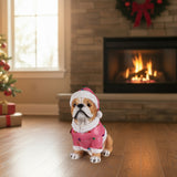 Christmas Pug Statue, Holiday Dog Figurine in Pink Santa Outfit