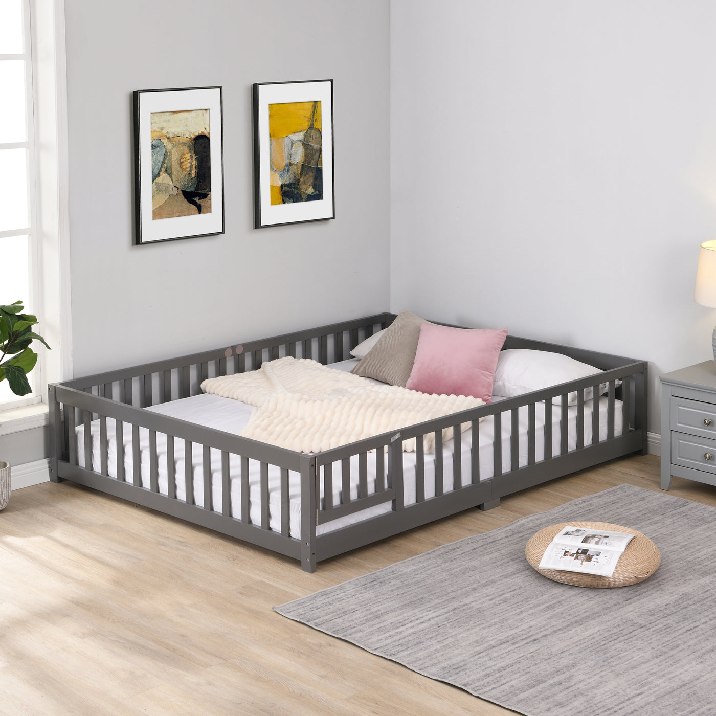 Full Size Pine Wood Floor Bed Frame with Door and Fence for Kids
