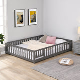 Full Size Pine Wood Floor Bed Frame with Door and Fence for Kids