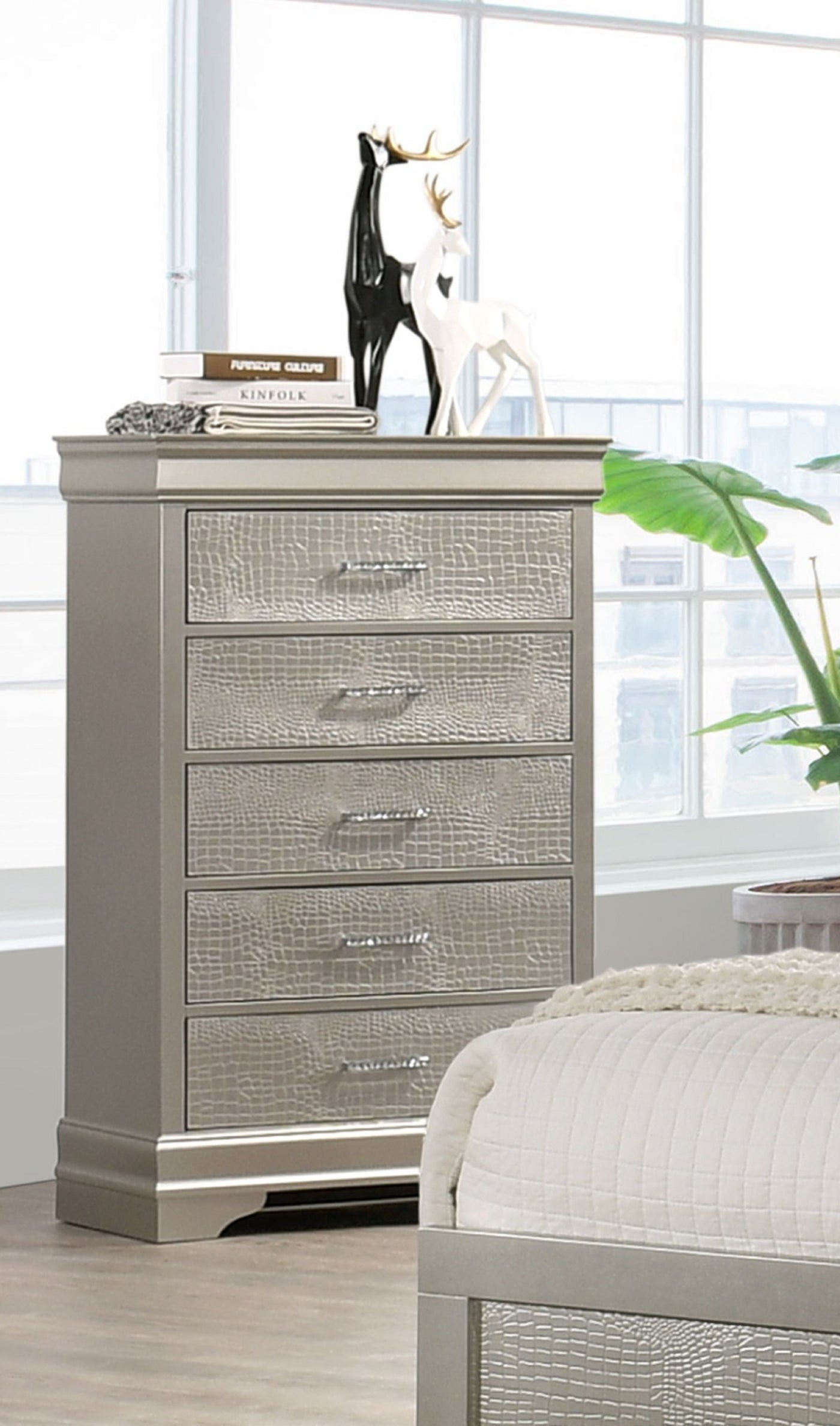 5-Drawer Tall Chest Dresser Beige Champagne Solid Wood Tufted