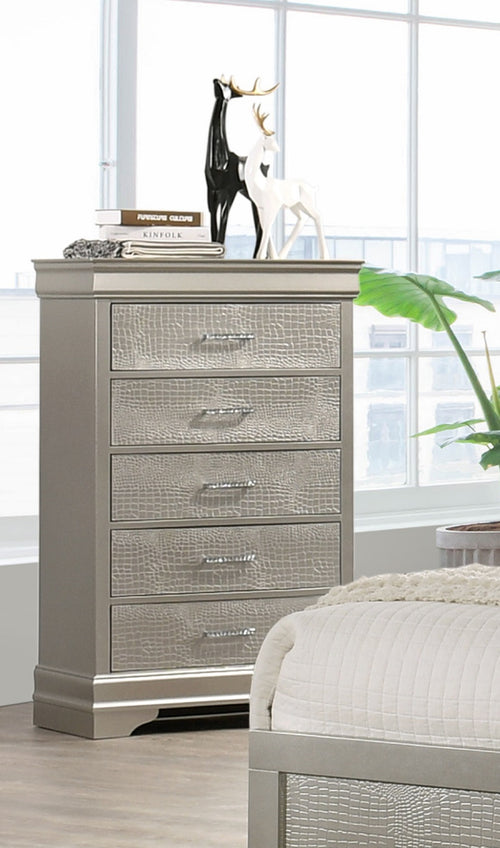 5-Drawer Tall Chest Dresser Beige Champagne Solid Wood Tufted