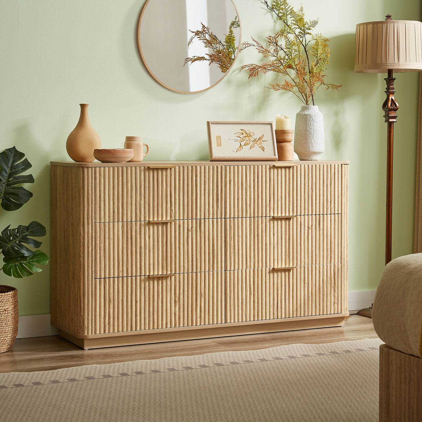 6 Drawer Dresser 55"W Curved Wave Design Walnut Wood