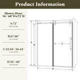 56-60"W x 72"H Frameless Sliding Shower Door Enclosure