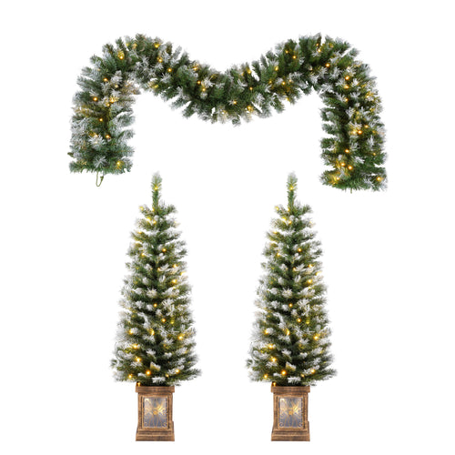 Artificial Christmas Wreath and 2 Trees LED Lights White Green 4ft