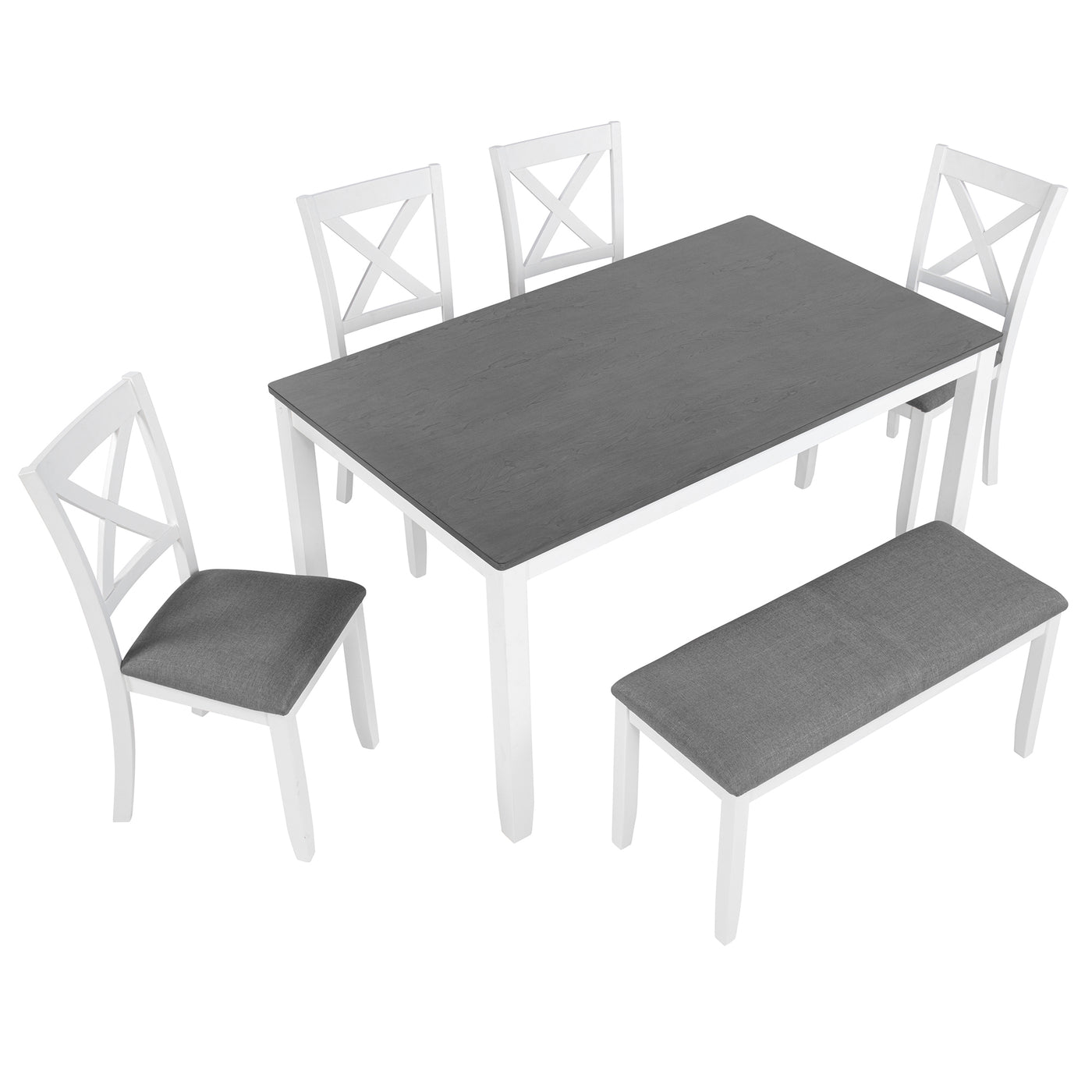 6-Piece Dining Table Set with Bench and Chairs Grey White