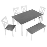 6-Piece Dining Table Set with Bench and Chairs Grey White