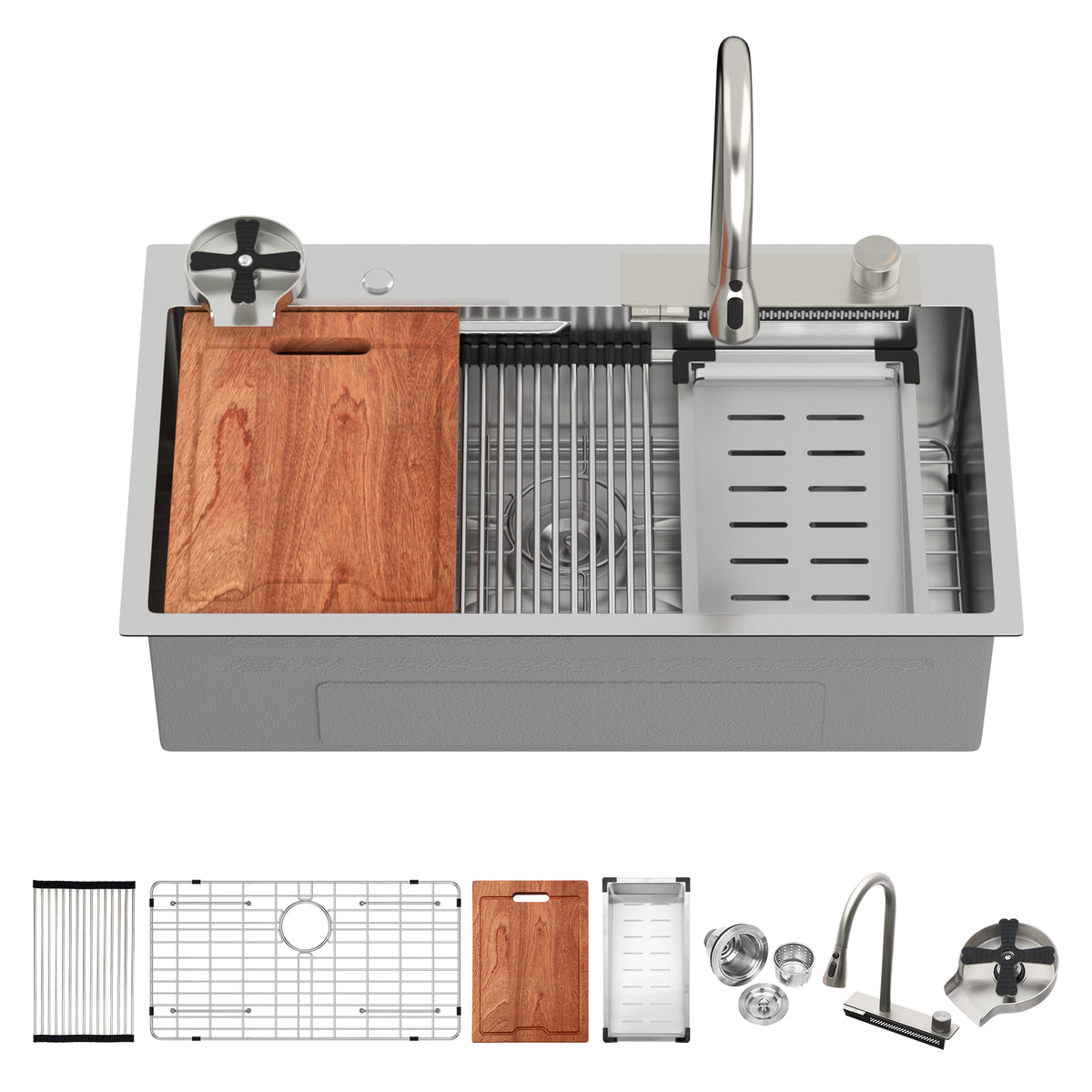 33 inch Brushed Nickel Stainless Steel Kitchen Sink with Waterfall Flow and Pull